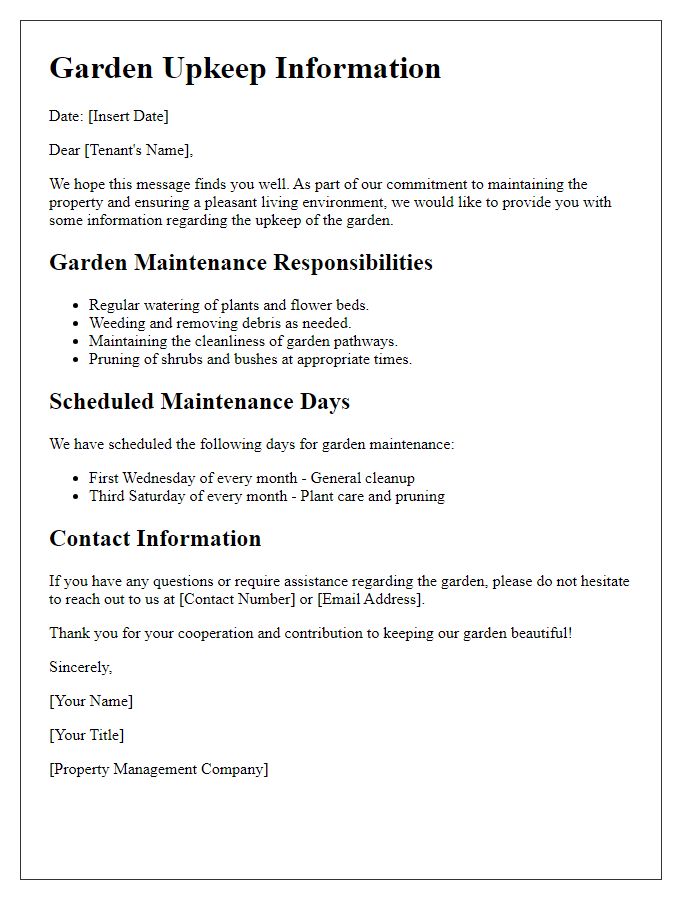 Letter template of tenant garden upkeep information