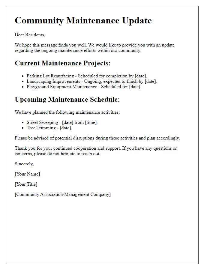 Letter template of community maintenance update for residents.