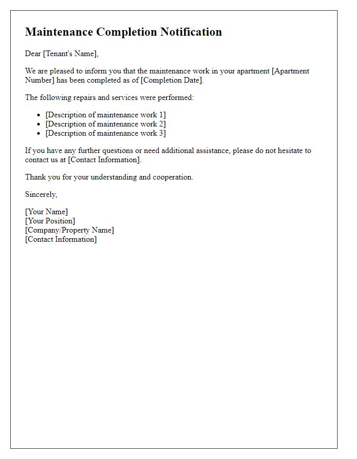 Letter template of maintenance completion notification for tenants.