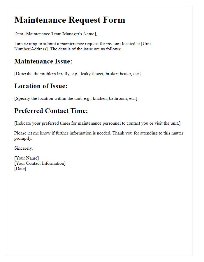 Letter template of maintenance request submission for residents.