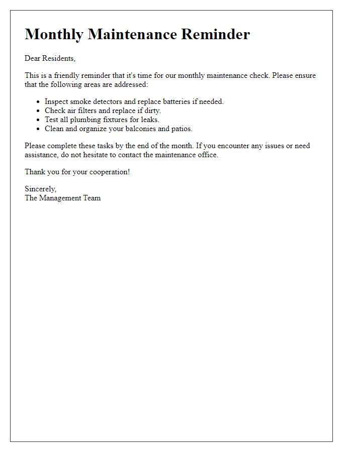 Letter template of monthly maintenance reminder for residents.