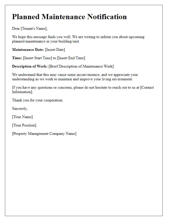 Letter template of planned maintenance alerts for all renters.