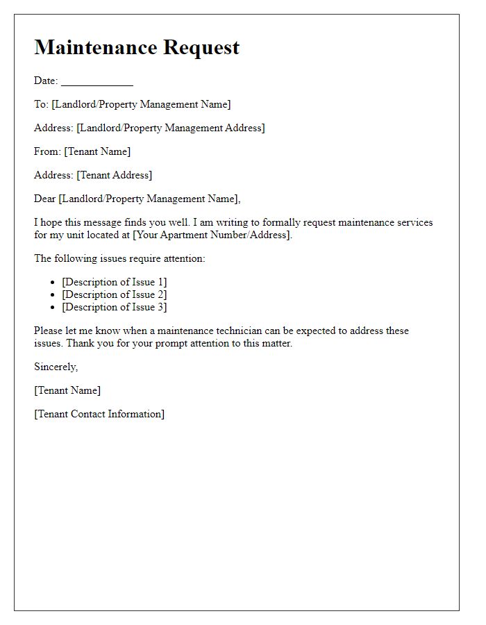 Letter template of requested maintenance services for tenants.