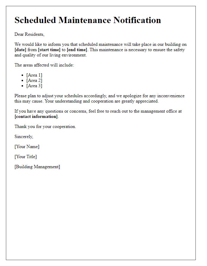 Letter template of scheduled maintenance notification for tenants.