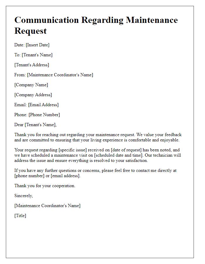 Letter template of tenant-maintenance coordinator communication.