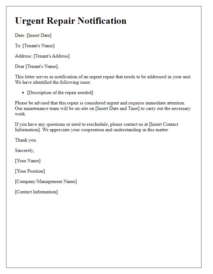 Letter template of urgent repair notification for tenants.