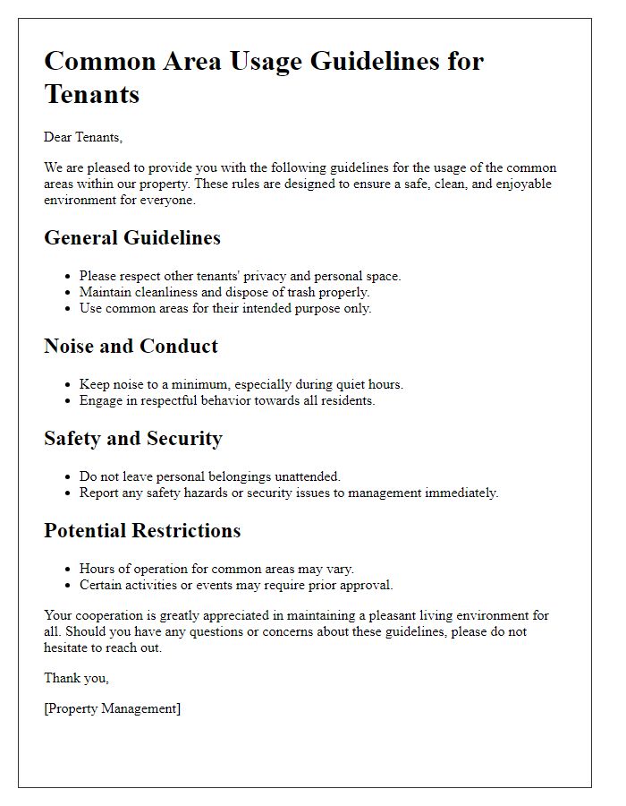 Letter template of Common Area Usage Guidelines for Tenants