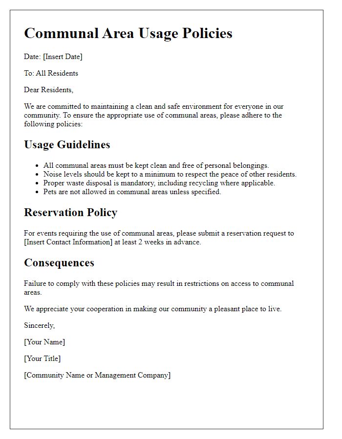 Letter template of Communal Area Usage Policies