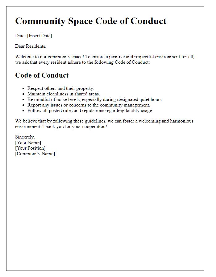 Letter template of Community Space Code of Conduct for Residents