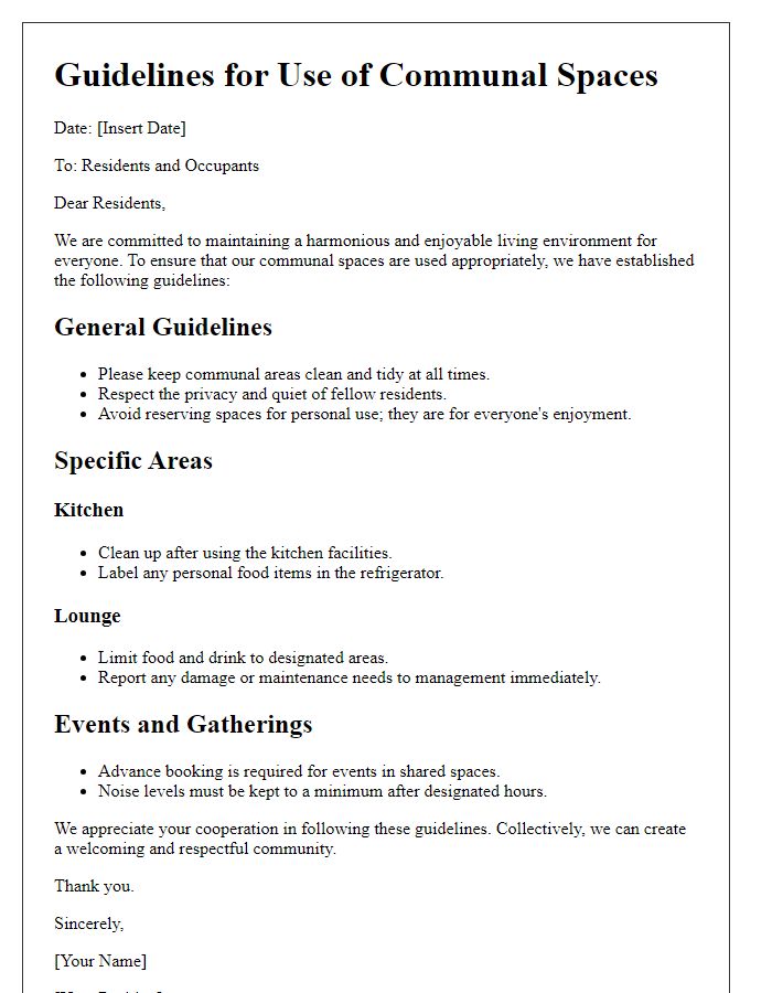 Letter template of Guidelines for Use of Communal Spaces