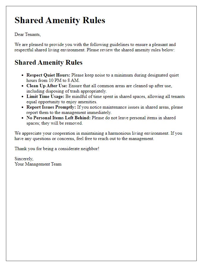 Letter template of Shared Amenity Rules for Tenants