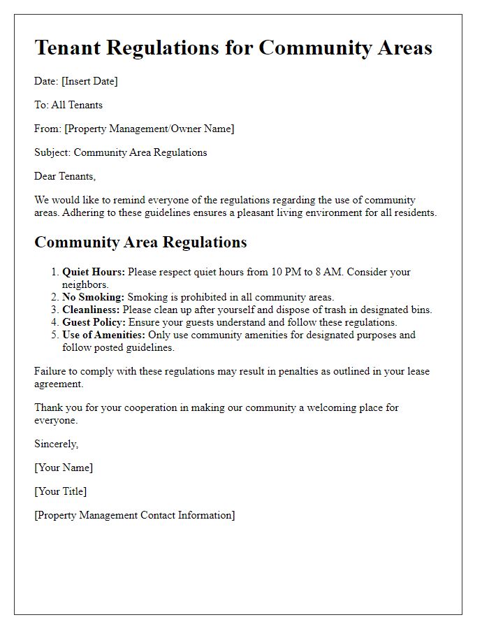 Letter template of Tenant Regulations for Community Areas