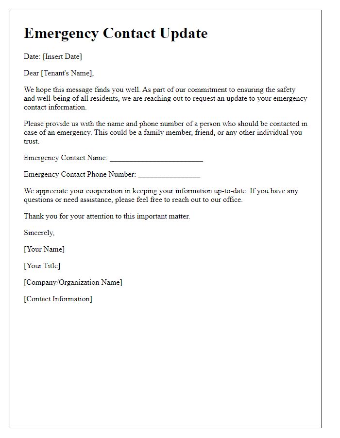 Letter template of Emergency Contact Update for Tenants