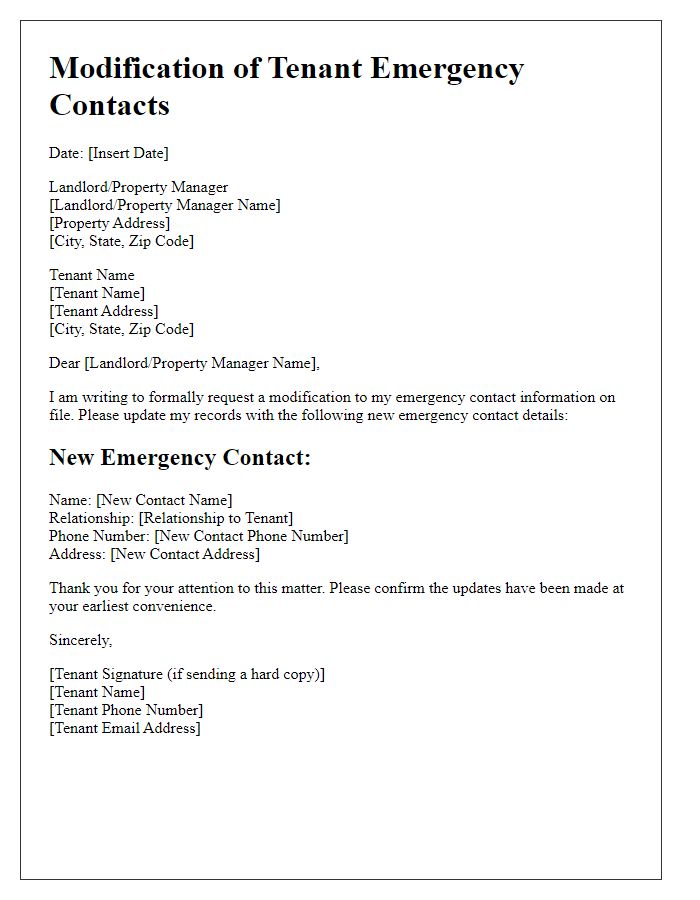 Letter template of Modification of Tenant Emergency Contacts