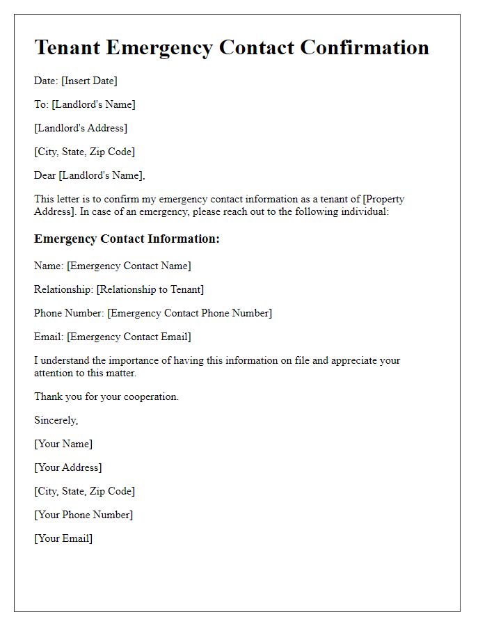 Letter template of Tenant Emergency Contact Confirmation