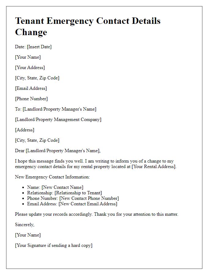 Letter template of Tenant Emergency Contact Details Change