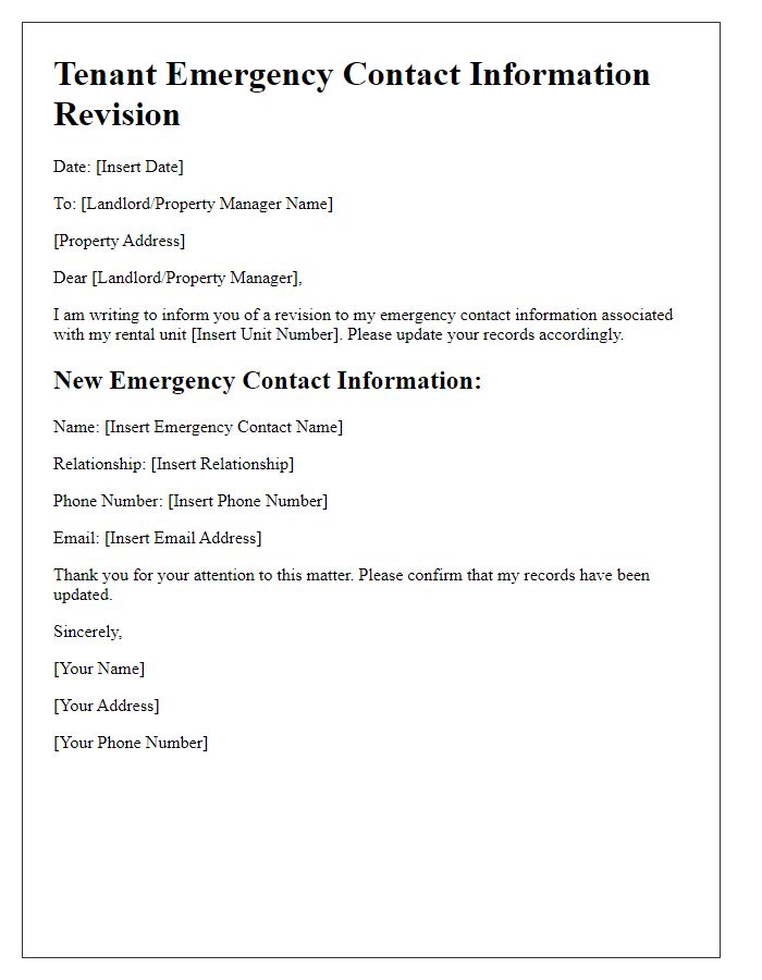 Letter template of Tenant Emergency Contact Information Revision