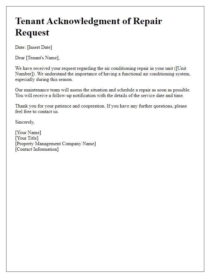 Letter template of acknowledgment for tenant air conditioning repair request