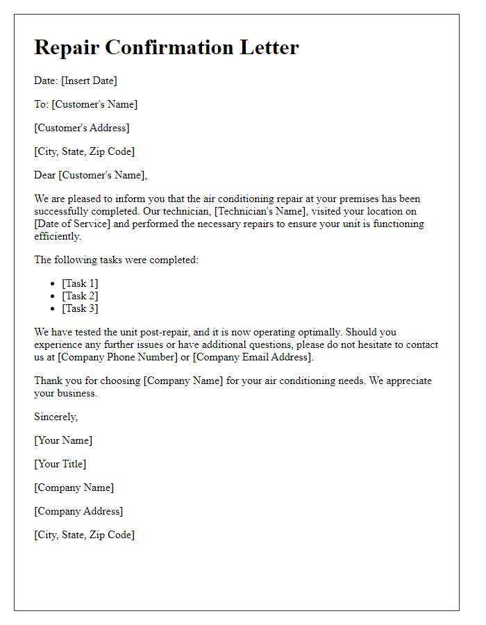 Letter template of confirmation for completed air conditioning repair