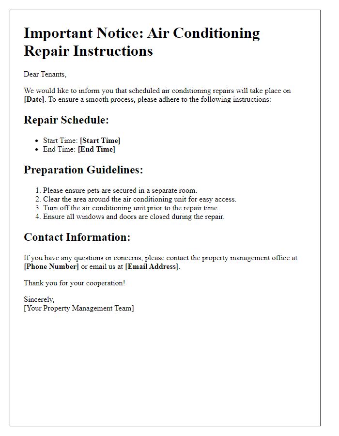 Letter template of instructions for tenants during air conditioning repair