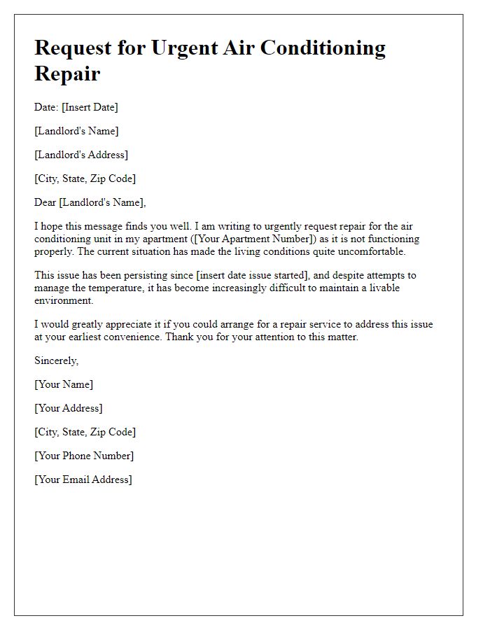 Letter template of request for urgent air conditioning repair for tenants