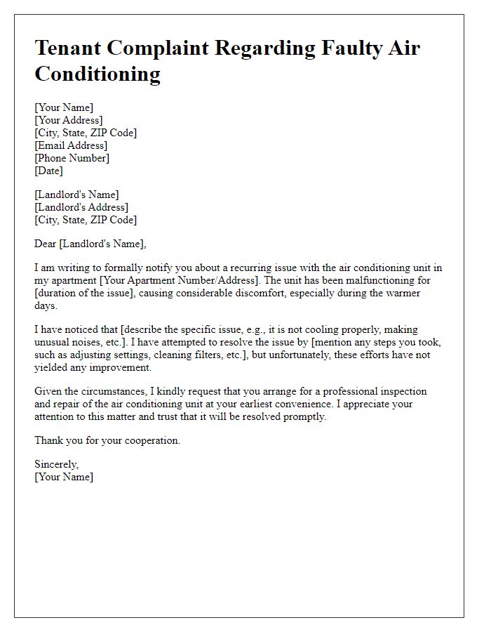 Letter template of tenant complaint regarding faulty air conditioning