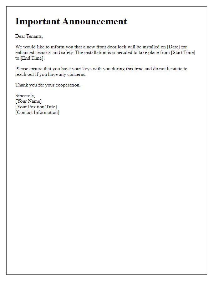 Letter template of tenant announcement for new front door lock installation