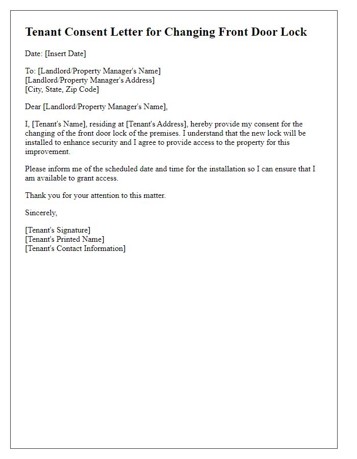 Letter template of tenant consent for changing the front door lock