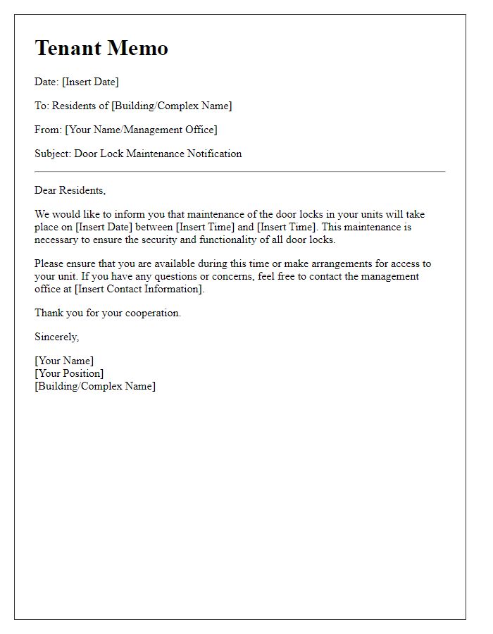 Letter template of tenant memo about door lock maintenance