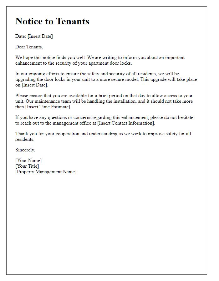 Letter template of tenant notice for door lock security enhancement