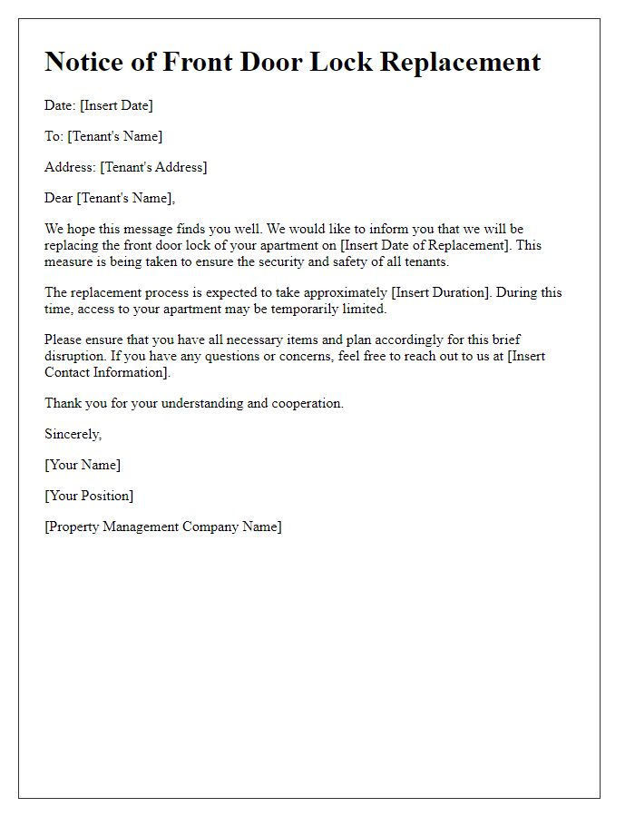 Letter template of tenant notification for front door lock replacement