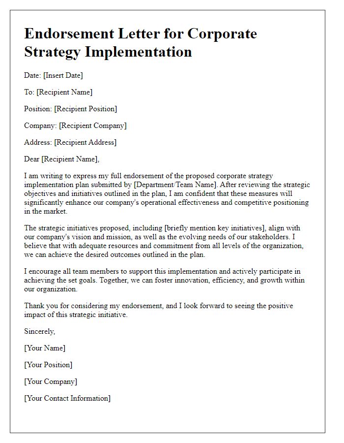 Letter template of endorsement for corporate strategy implementation.