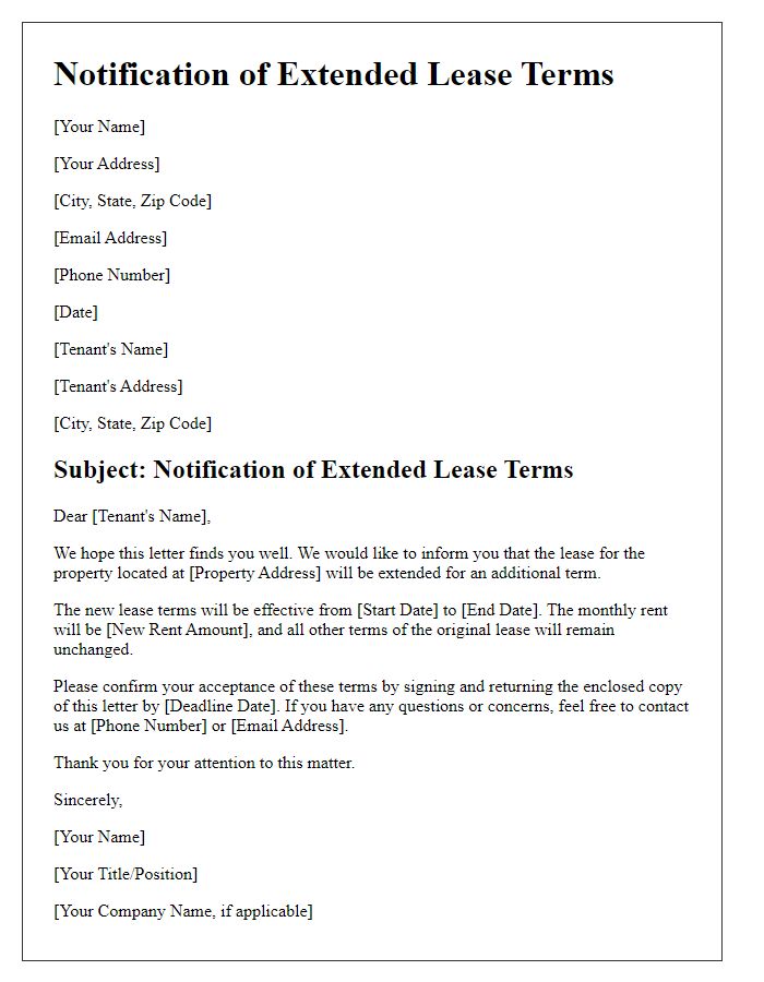 Letter template of notification for extended lease terms