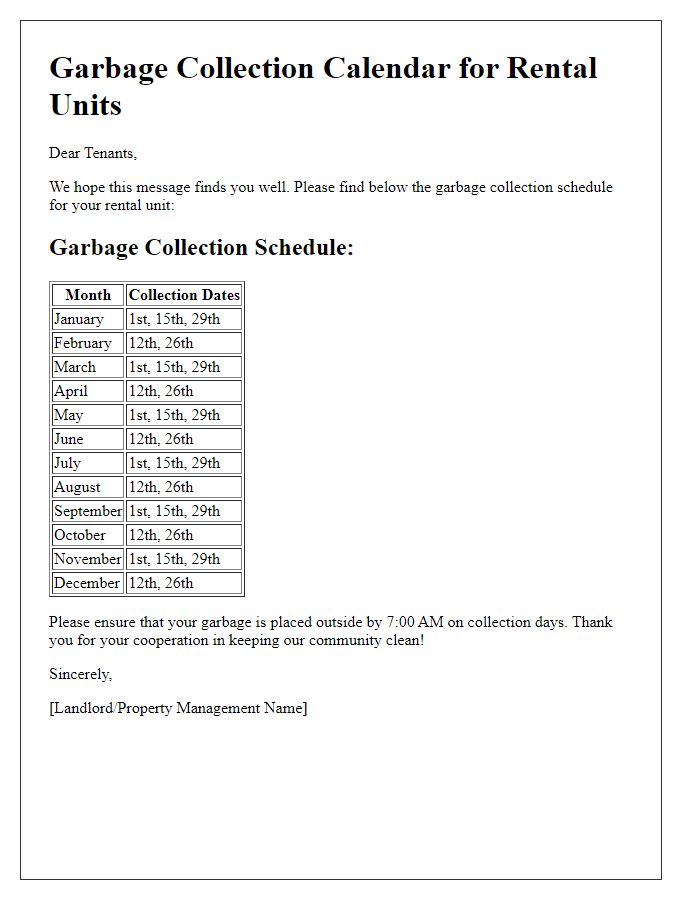 Letter template of garbage collection calendar for rental units