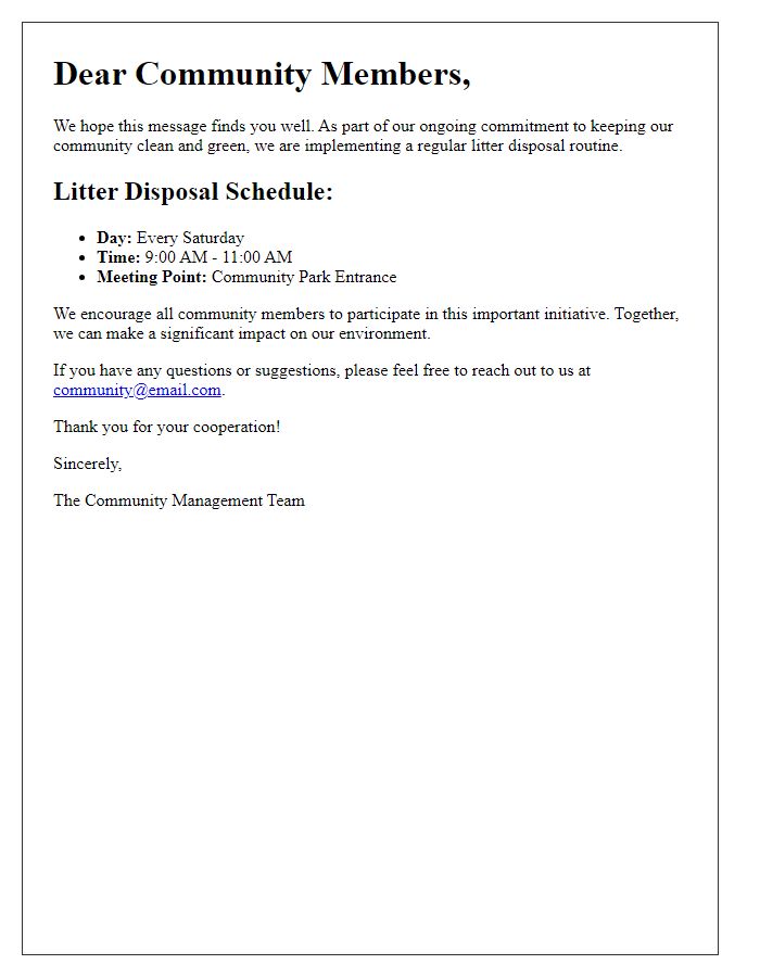 Letter template of litter disposal routine for community members