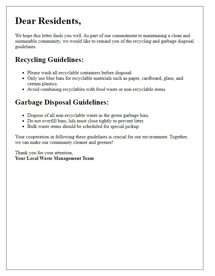 Letter template of recycling and garbage disposal guidelines for residents