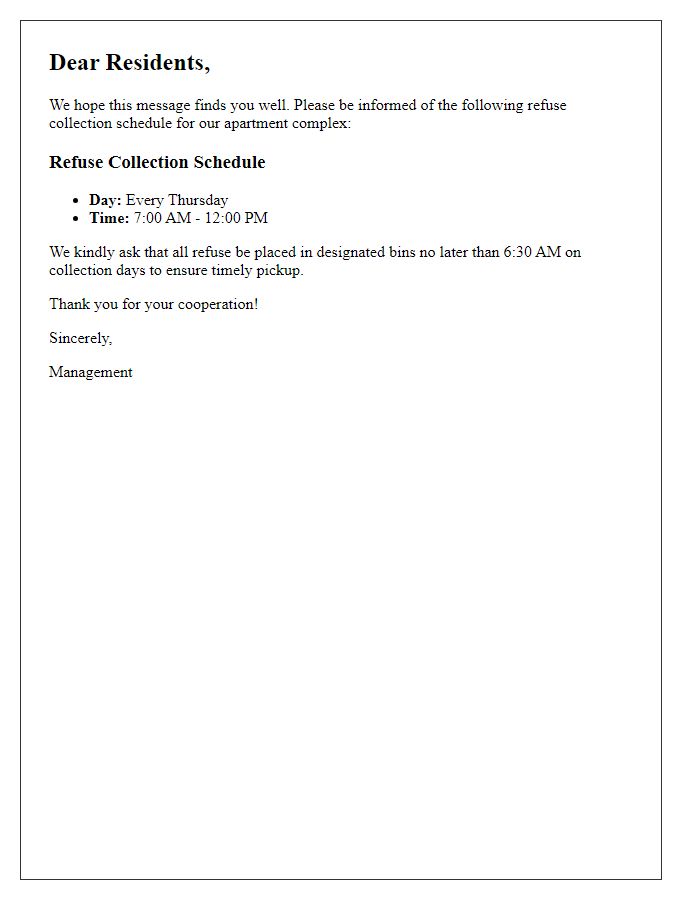 Letter template of refuse collection schedule for apartment dwellers