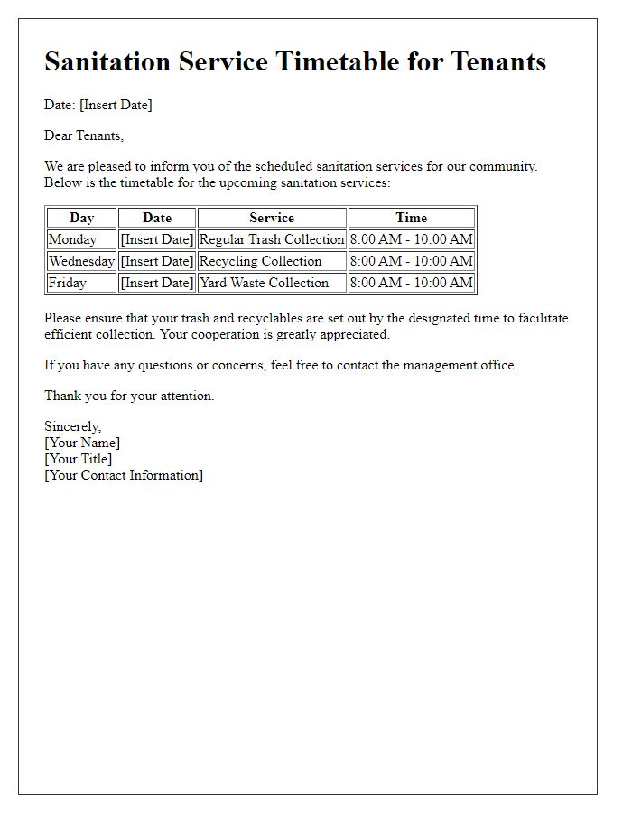 Letter template of sanitation service timetable for tenants