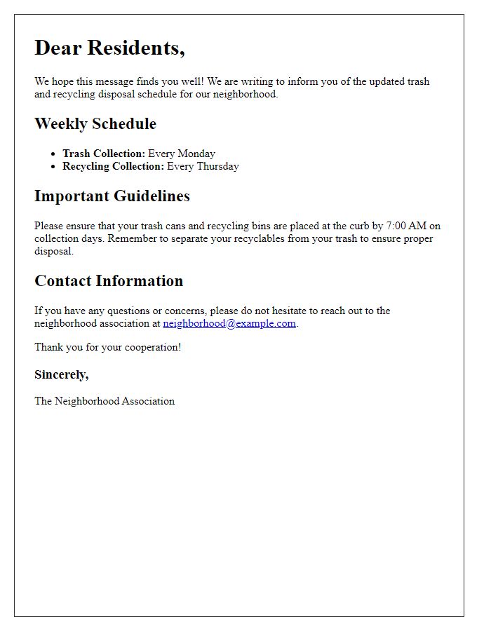 Letter template of trash and recycling disposal schedule for neighborhood residents