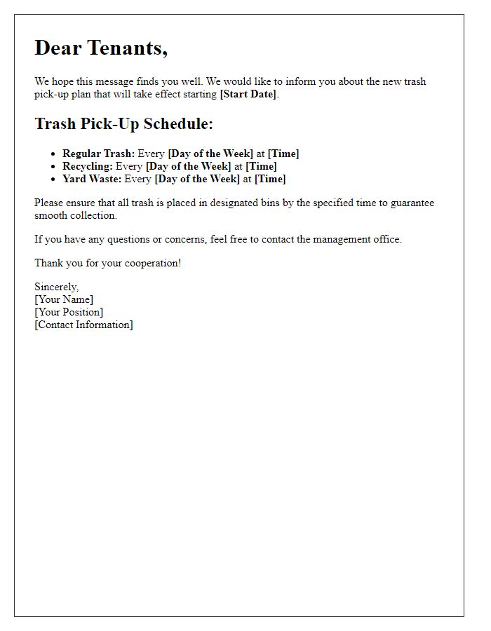 Letter template of trash pick-up plan for tenants