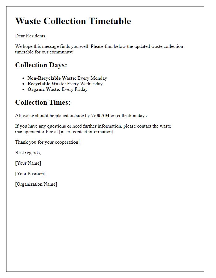 Letter template of waste collection timetable for residents