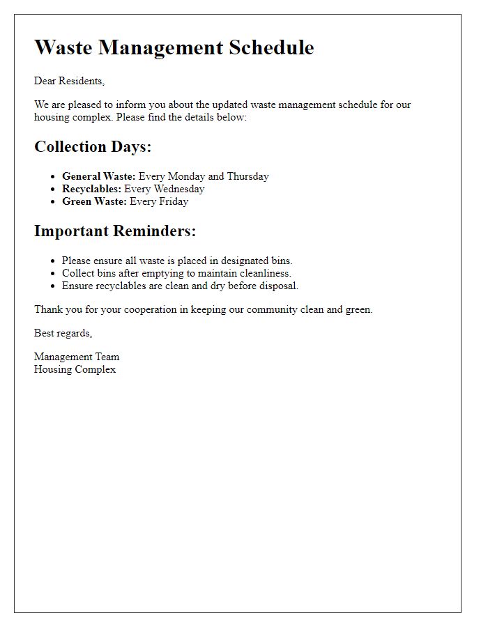 Letter template of waste management schedule for housing complex residents