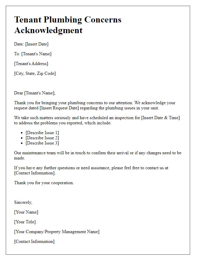 Letter template of tenant plumbing concerns acknowledgment