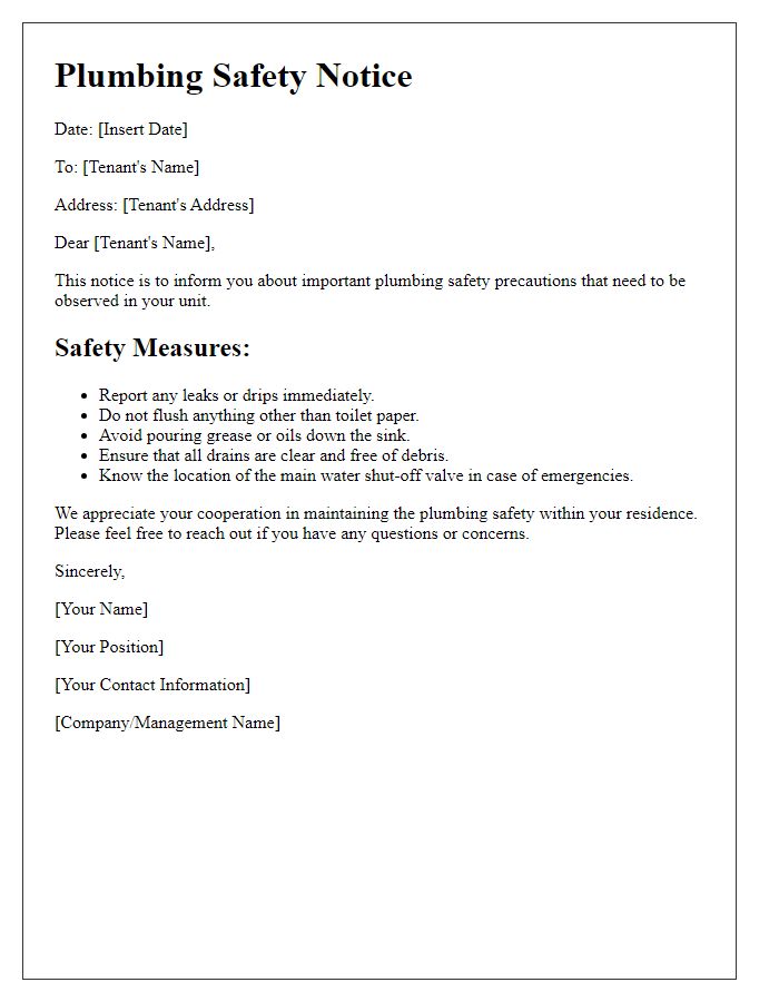 Letter template of tenant plumbing safety notice