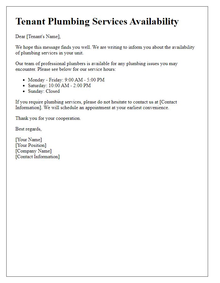 Letter template of tenant plumbing services availability