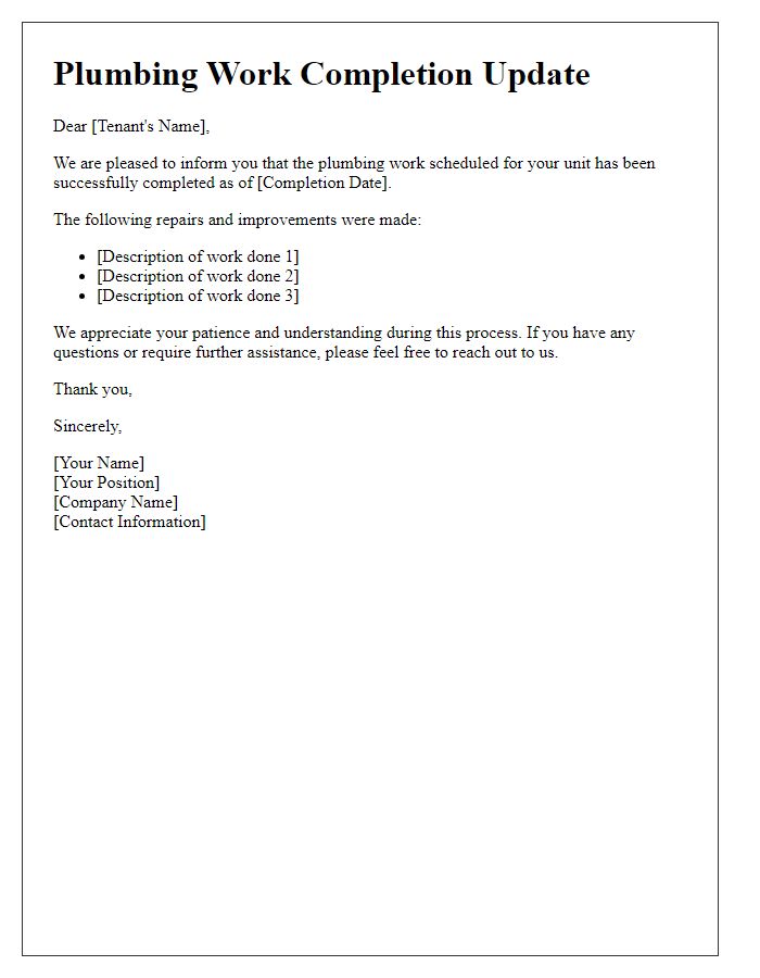 Letter template of tenant plumbing work completion update