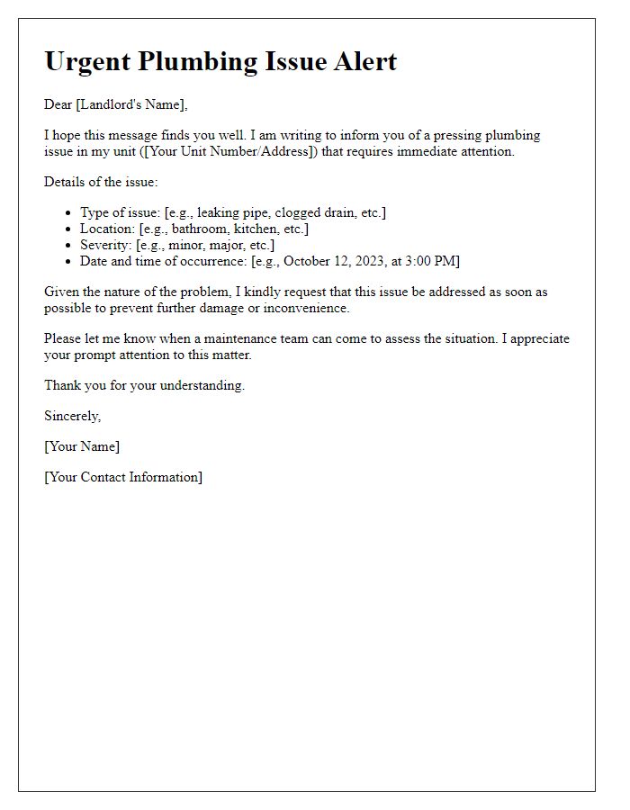 Letter template of tenant urgent plumbing issue alert