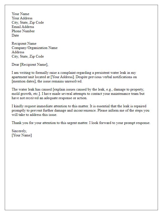 Letter template of formal complaint regarding water leak