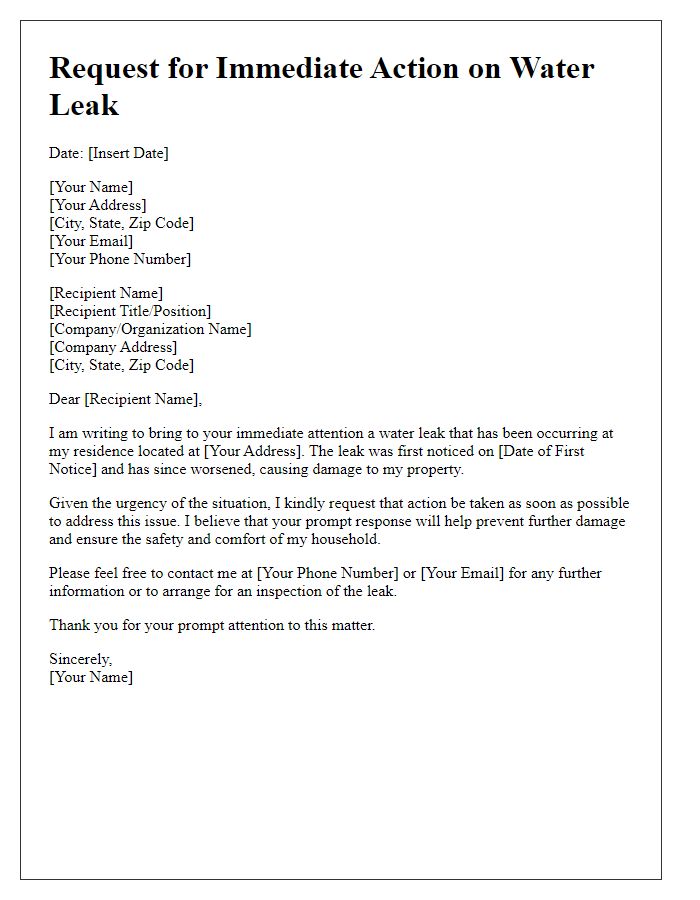 Letter template of request for immediate action on water leak