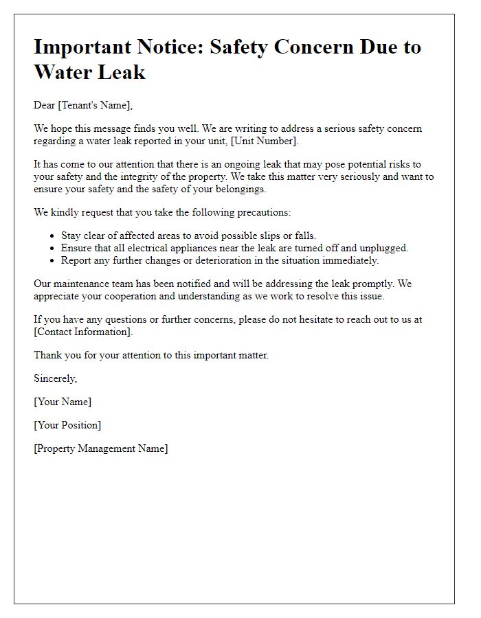 Letter template of safety concerns due to water leak for tenants